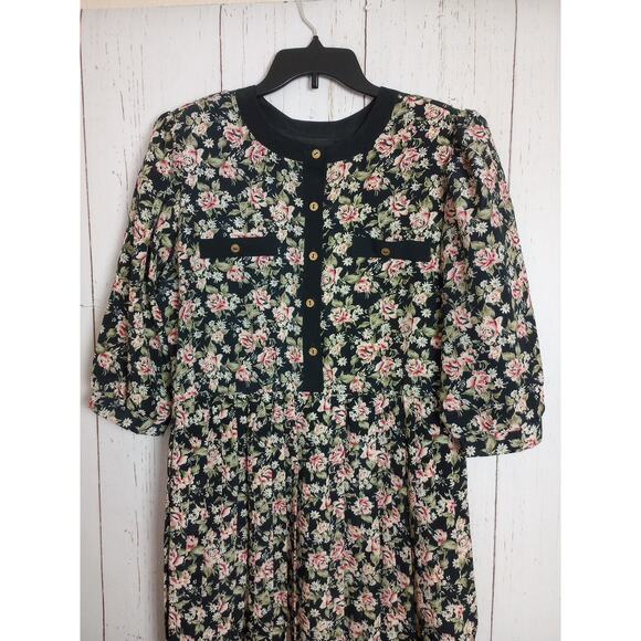Vintage Dress 14 Large Long Sleeve Pleated Black Pink Flowers Secretary Breli - Picture 2 of 10
